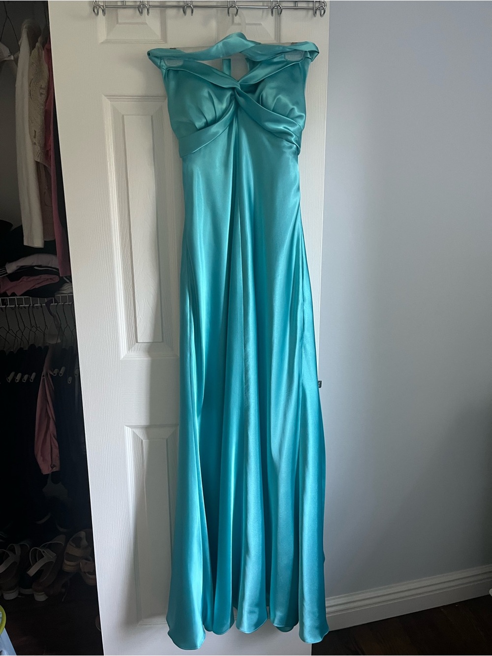 Satin Twist‑Front Maxi Dress in Aqua